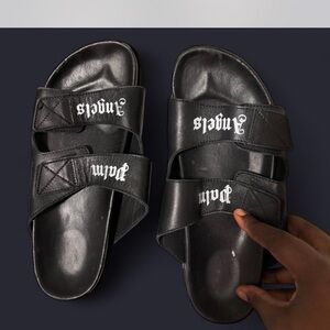 Black Slide Sandals with White Lettering